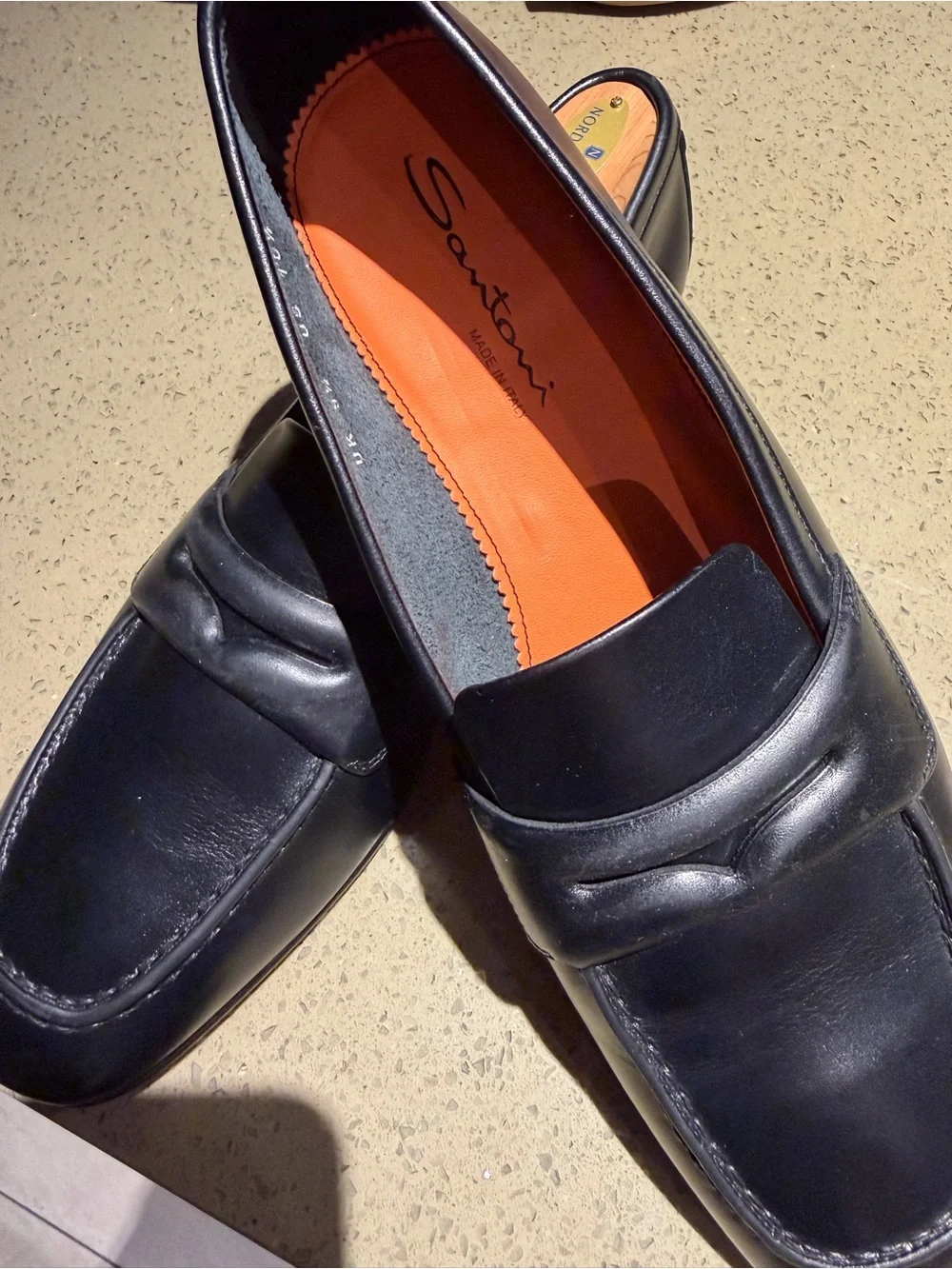 Santoni Men’s Black Leather Loafers Made in Italy Orange Leather Lining /sole